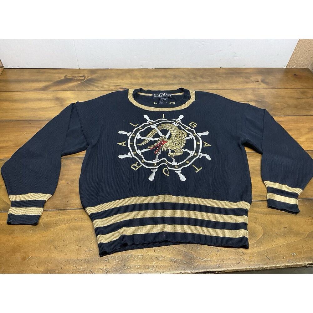 Vintage Escada Size 40 Navy Blue Nautical Alligator Gold Sweater